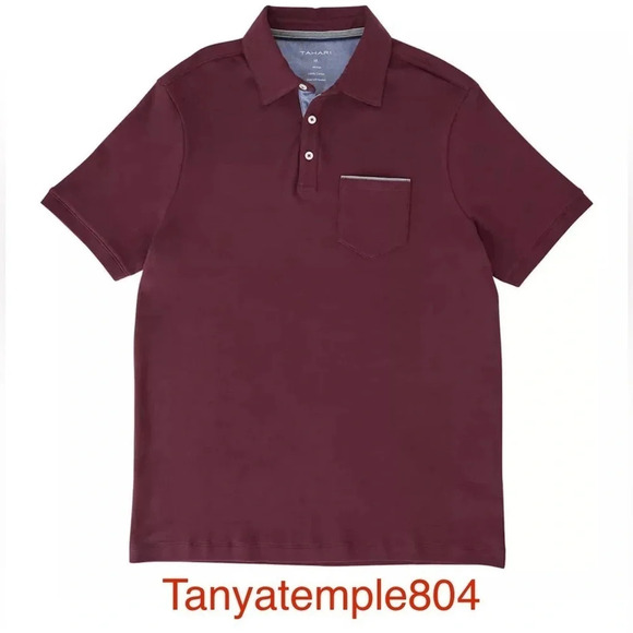 Tahari Men's Short Sleeve Premium Soft Interlock Polo Shirt, Dark Red Large - Picture 1 of 9
